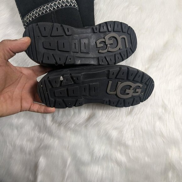 Ugg Women's Boots Size 7 Sundance Revival Black Suede Tall Sheepskin Lined Braid - Picture 3 of 6